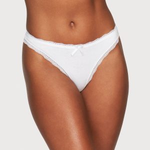 Cora Cotton & Lace Thong in White, Size 1X